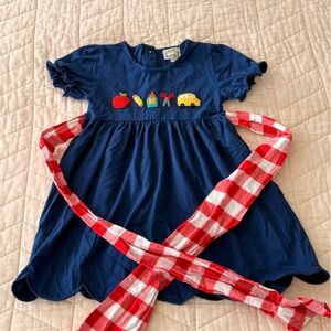 School Themed Blue embroidered Dress with Red and White Checkered Sash - 3T